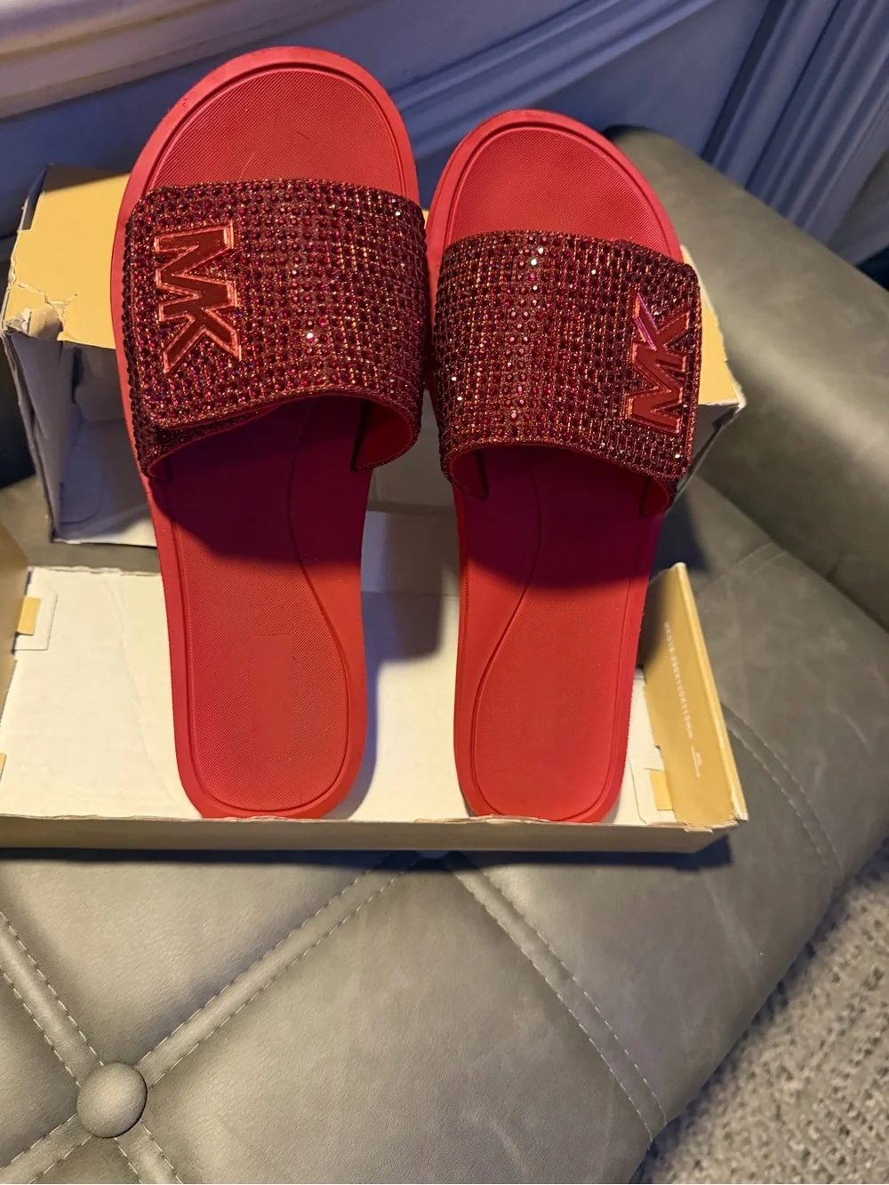 Michael Kors Red Crystal-Embellished Slide Sandals with MK Accent